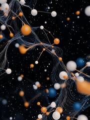 A dynamic network of interconnected spheres in orange, white, and blue, with flowing lines and a speckled dark background.