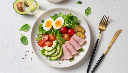 Top-down view of a healthy keto salad plate featuring fresh vegetables, sliced avocado, cherry tomatoes, eggs, and ham arranged neatly on a white textured background. Clean, bright, and high-resolutio
