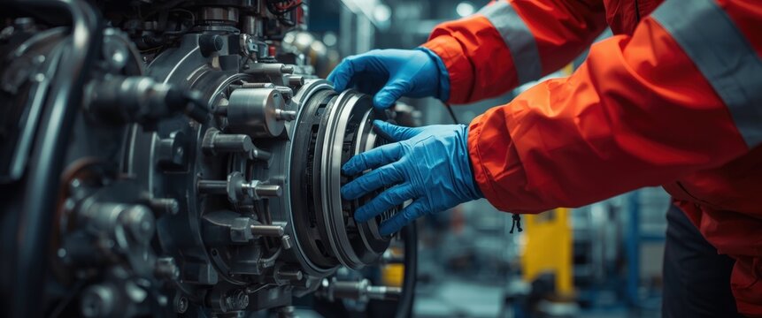 Skilled hands expertly maintain complex machinery, embodying precision and industrial strength. Perfect for illustrating manufacturing, engineering, and technological advancement.