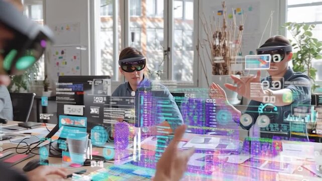 Immersive Collaboration - Team Innovating with Augmented Reality in Modern Office.