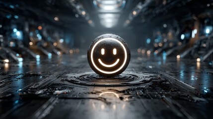 Futuristic glowing smiley face sphere radiating positivity amidst a dark, high tech, sci fi environment with bokeh lights