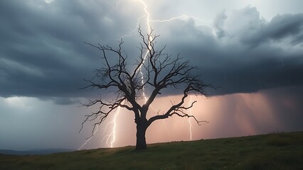 predictability. A solitary tree struck by lightning during a storm with dramatic sky. ESG reports, sustainability campaigns, designed for sustainability communications and ESG reporting.