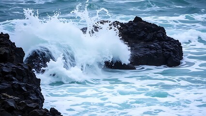 sedition. Ocean waves crashing against dark rocks with splashing water droplets in dramatic seascape. travel magazines, destination branding, designed for outdoor magazines and nature guides.