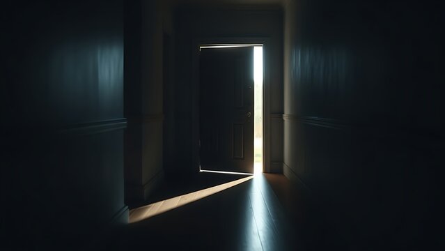 algicide. Dim corridor with a half-open door, mysterious light streaming through the crack. real-estate listings, architecture portfolios, designed for interior renovation comparisons for interiors.