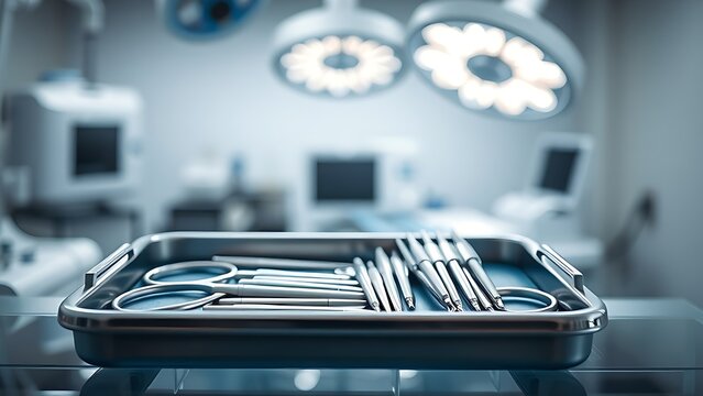 forceps. Modern surgical instruments tray in a clean medical environment with professional lighting. product launch decks, UI/UX mockups, designed for product launches and innovation pitches. - Powered by Adobe