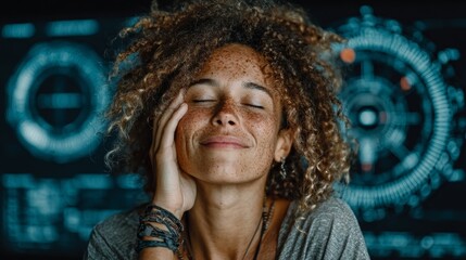 Young woman with freckles smiles peacefully with eyes closed, hand on cheek, against a futuristic digital background with glowing blue circles
