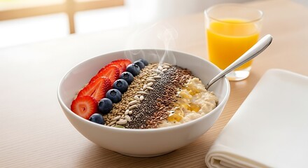 Healthy breakfast bowl with fresh fruits and orange juice.