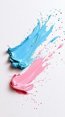 Two dynamic, textured paint strokes, one bright blue and the other soft pink, are splashed across a clean white surface, with small droplets of paint scattered