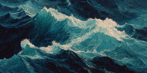 A dynamic painting capturing the immense power and beauty of stormy ocean waves crashing under a dark sky