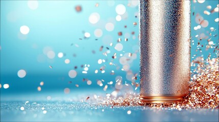 A metallic cylinder with a textured surface, surrounded by shimmering confetti and soft, out-of-focus bokeh lights on a blue backdrop.