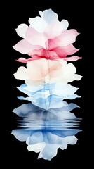 A vertical composition of layered, translucent flower petals transitioning from pink at the top to blue at the bottom, with a reflection in water.