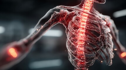 Stunning 3D rendering of a human skeletal system with glowing red spine, perfect for medical research, anatomy education, or futuristic technology concepts
