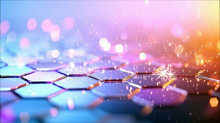 A close-up view of a reflective surface made of interconnected hexagonal shapes, illuminated by sparkling particles and soft bokeh lights.