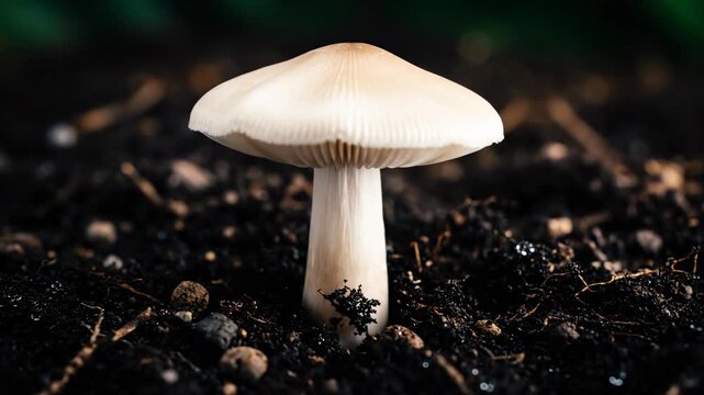 A wild edible boletus mushroom with a brown cap grows in the green moss and grass of an autumn forest, showcasing organic fungi in a macro nature scene