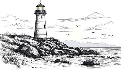 Black and white illustration of a lighthouse on a rocky coast with ocean waves and birds