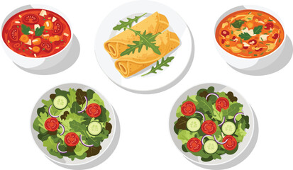 Healthy meal, vegetable soup, fresh salad, rolled crepes, nutritious food, balanced diet, organic ingredients, wholesome lunch, colorful bowls, food illustration