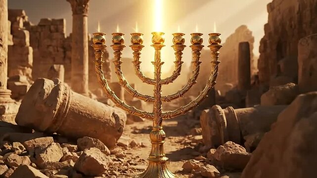 Golden Menorah illuminated by a divine light beam standing among ancient temple ruins at sunset for religious history concept and spiritual heritage