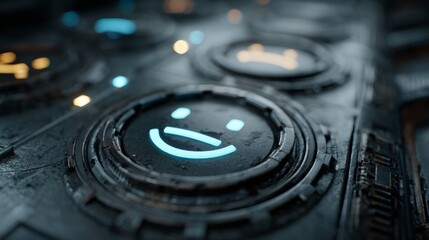 Optimistic AI displaying a friendly face on futuristic metal interface, sparking hope for technological advancements in the digital age
