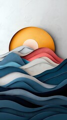 A stylized depiction of a sunset over the ocean, created with layered paper cutouts in shades of blue, coral, and yellow.