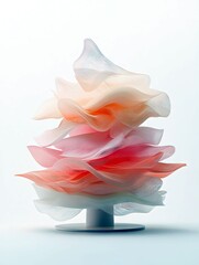 A delicate, layered sculpture with flowing, petal-like forms in soft gradients of pink, orange, and white, presented on a minimalist stand.