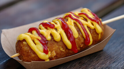 Corn dog with ketchup and mustard on a wooden table background. Fast food menu background illustration.