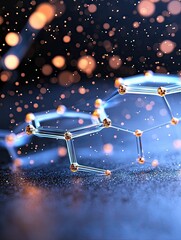 A close-up view of a molecular structure with glowing golden spheres at the nodes and transparent connecting rods, set against a dark background with scattered