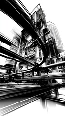 A dynamic, high-contrast black and white abstract image featuring overlapping geometric structures and buildings, suggesting a complex urban environment.