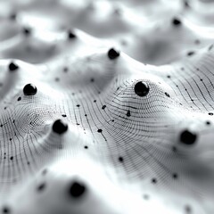 A close-up, abstract view of a monochrome surface with a grid pattern and scattered black spheres, creating a sense of depth and texture.