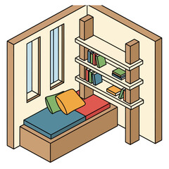 Isometric illustration of a cozy reading nook with a bed and bookshelf.