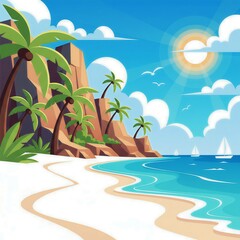 Coastal Paradise: A serene depiction of a tropical beach, with swaying palm trees, crystal-clear turquoise waters, and distant sailboats, under a bright sun and fluffy clouds.