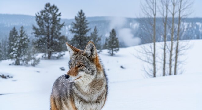 Coyote portrait amidst a snowy wilderness landscape showcases nature's resilience, winter beauty