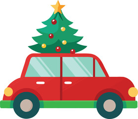 Car Carrying Christmas Tree on White Background