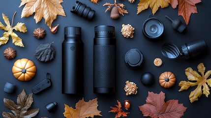 A collection of autumn-themed objects including black water bottles, small pumpkins, dried leaves, and nuts are arranged in a flat lay composition on a dark sur