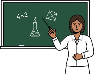 Enthusiastic teacher presenting science equations on blackboard in classroom