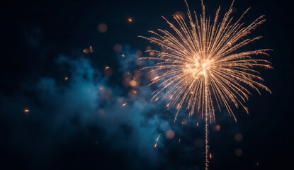 Fototapeta premium Fireworks with blue and gold abstract bokeh background