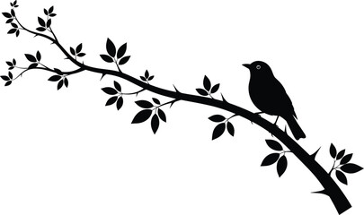 Black Silhouette of a Small Bird Perched on a Thorny Rose Bush Branch with Leaves Isolated on a White Background Simple Nature Design