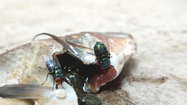 The green bottle fly, blowfly or common greenbottle fly (Lucilia sericata), which perches on fish carcasses. The fly feeds and reproduces on animal carcasses.