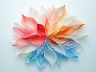 A delicate, abstract flower crafted from folded paper, displaying a gradient of colors from white and pink to orange and blue.