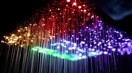 Abstract streaks of light in rainbow colors fall downwards against a dark background, creating a vibrant and dynamic visual effect.