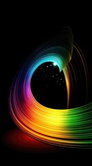 A vibrant rainbow-colored light streak swirls dynamically against a black background, creating an abstract and energetic visual.