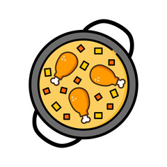 Chicken curry in a gray pan on a white background.