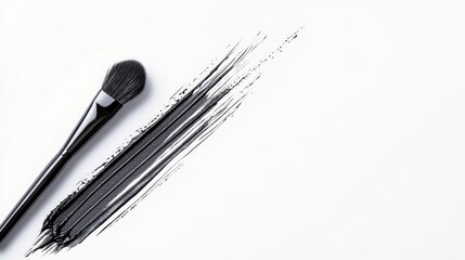 A black makeup brush is positioned next to a thick, textured streak of black cosmetic product on a clean white surface.
