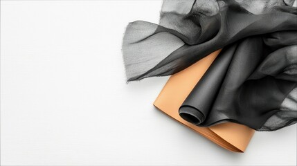A close-up shot shows black sheer fabric elegantly draped over a stack of tan paper, set against a clean white background.