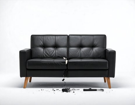 Black leather couch torn with tools scattered on a white background
