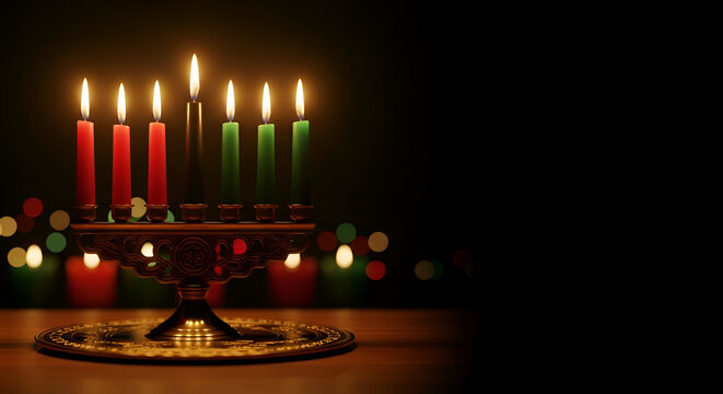 Kinara Kwanzaa Candles Lighting Ritual Dark Background Traditional African American Heritage Ceremony Umoja Principle Focus Symbolic Meaning Glowing Flames Red Black Green Warmth Community Unity Hope 