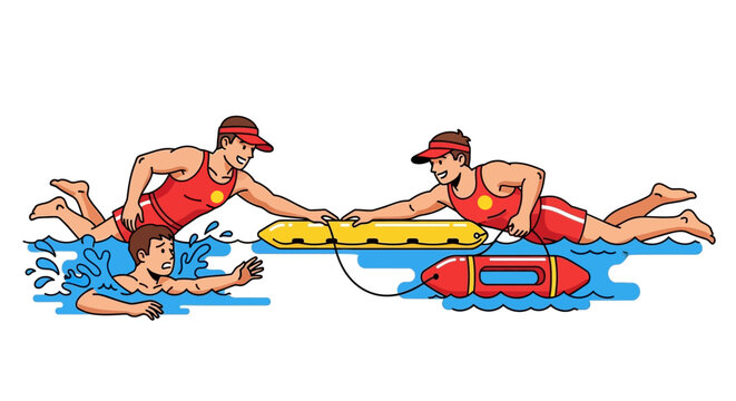 Lifeguards Rescue Swimmer with Buoy and Rescue Can.