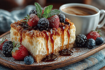 Rustic cheesecake dessert with caramel drizzle and fresh berries on a textured wooden table, lit by natural warm light