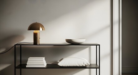 Modern interior with a gold lamp books and bowl on a console table minimalist design