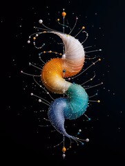 A vibrant, abstract, spiral-shaped object composed of interwoven strands in white, orange, teal, and blue, adorned with numerous small, colorful beads and delic