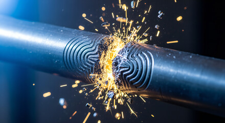 A piece of round steel is being broken with bright sparks and chunks flying against dark background